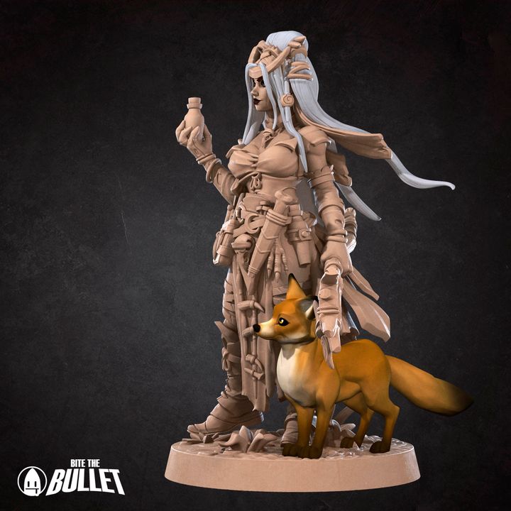 Human Witch with Fox, Pinup | 32mm, 35mm Scale | Unpainted Miniature