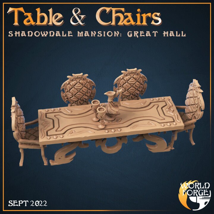 Table & Chairs - The Great Hall: Shadowdale Mansion - Unpainted Miniature