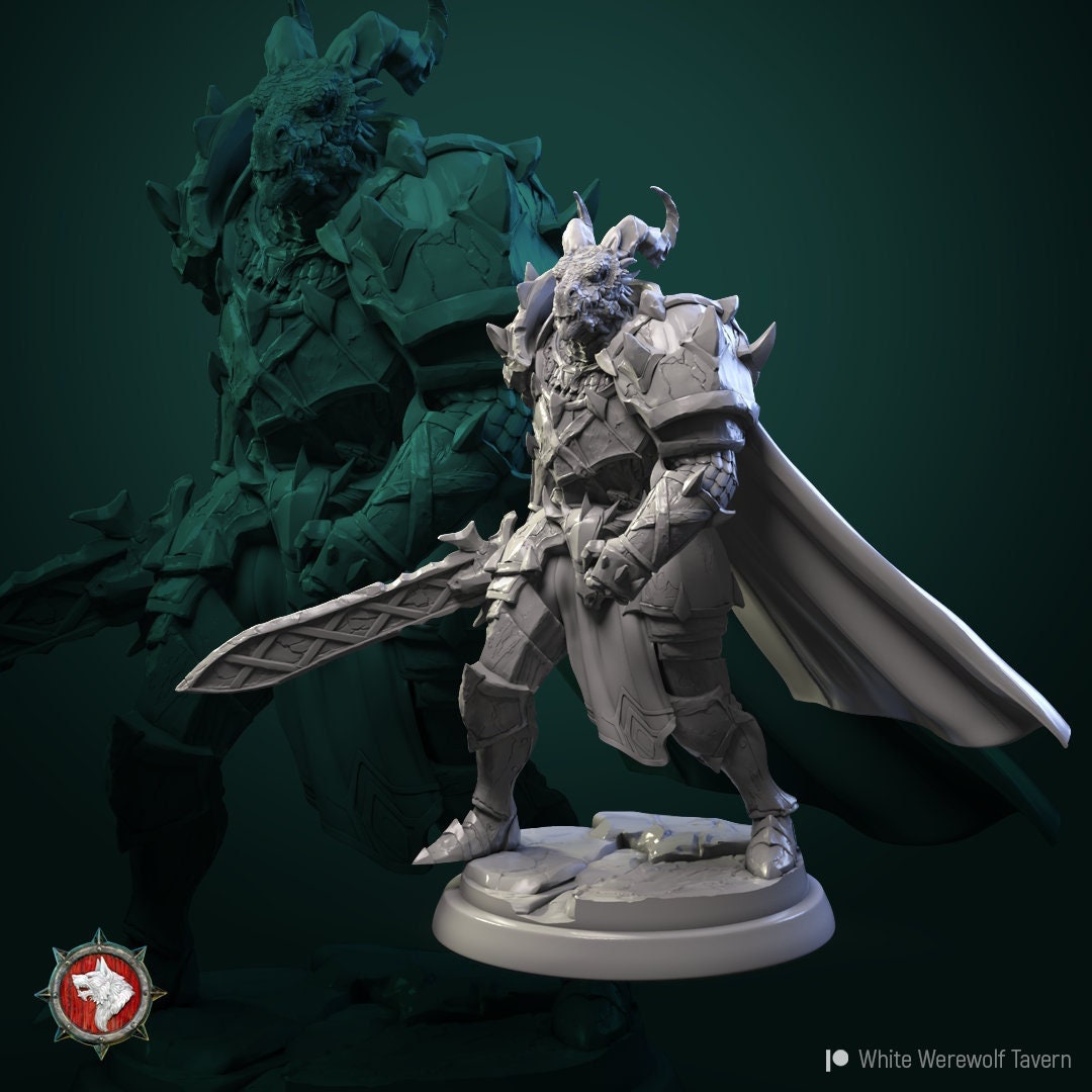 Dragonborn Knight with Sword & Cape - Unpainted Miniature
