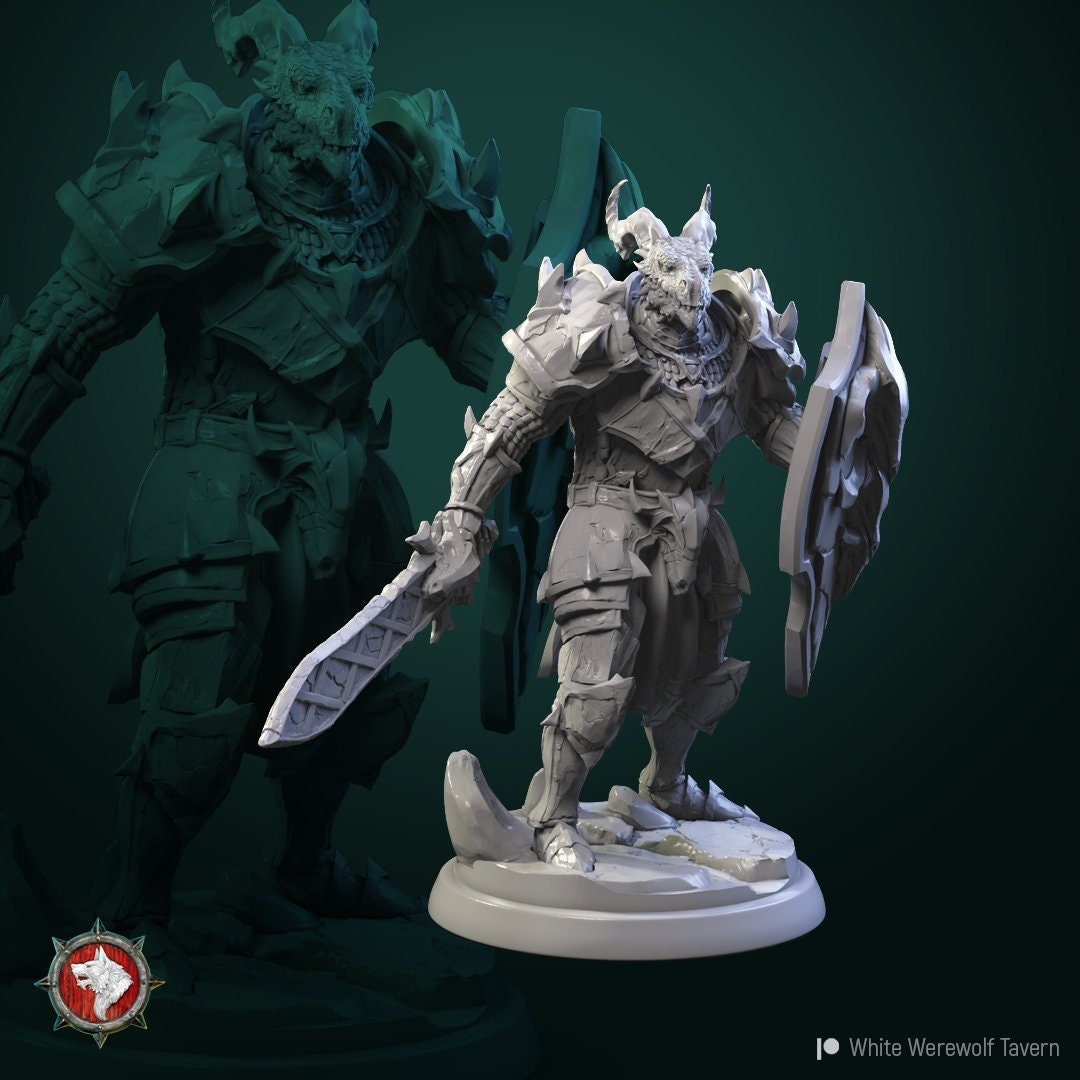 Dragonborn Knight with Sword and Shield - Unpainted Miniature