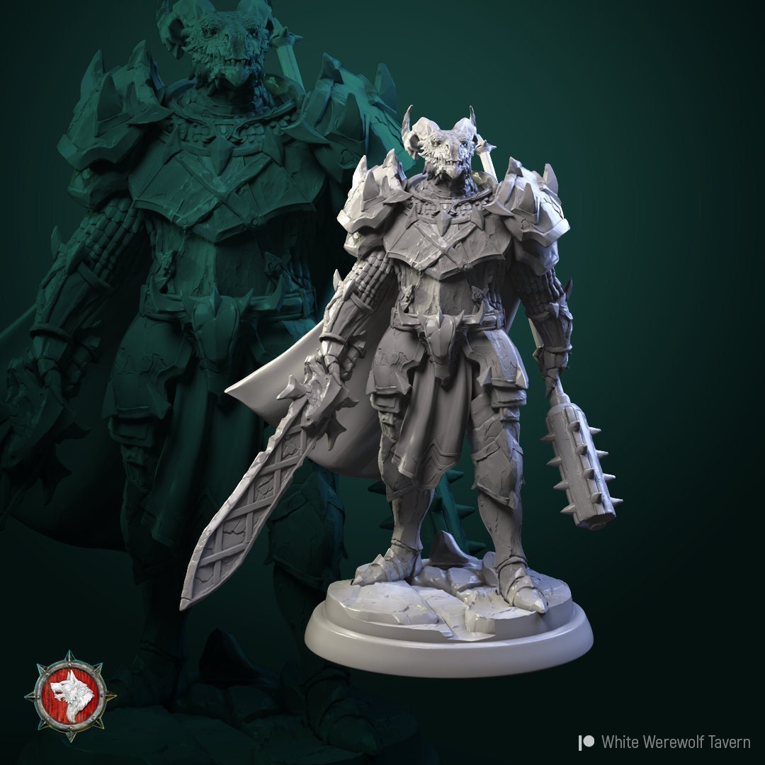Dragonborn Knight with Sword and Mace - Unpainted Miniature