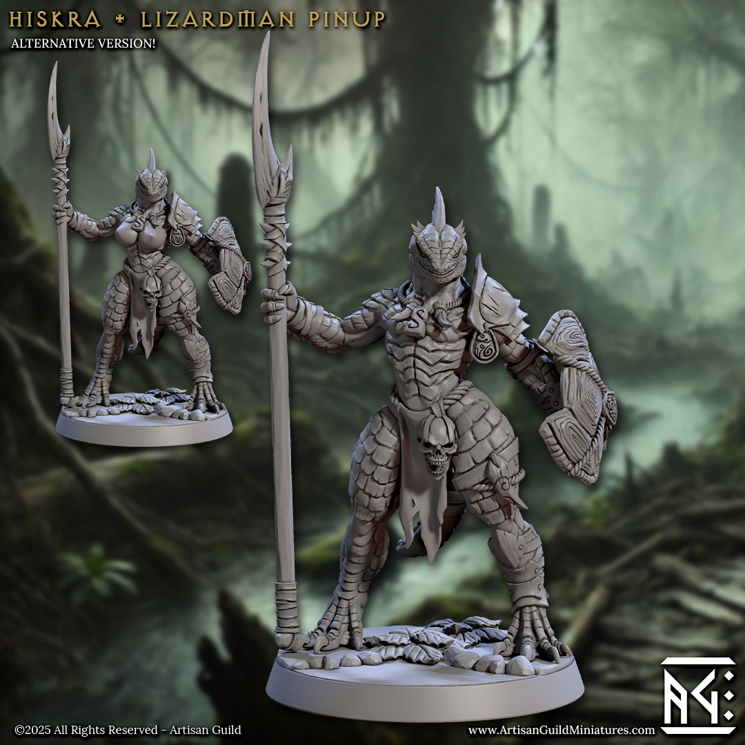 Hiskra, Female Lizard Warrior, Pinup - Lizardman of Falgor - Unpainted Miniature