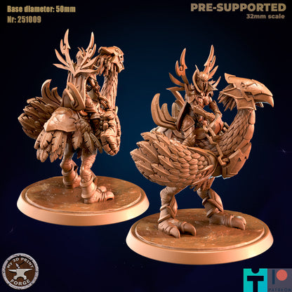 Dragon Ostrich Rider, 2 Poses - 32mm Scale - Unpainted Miniature