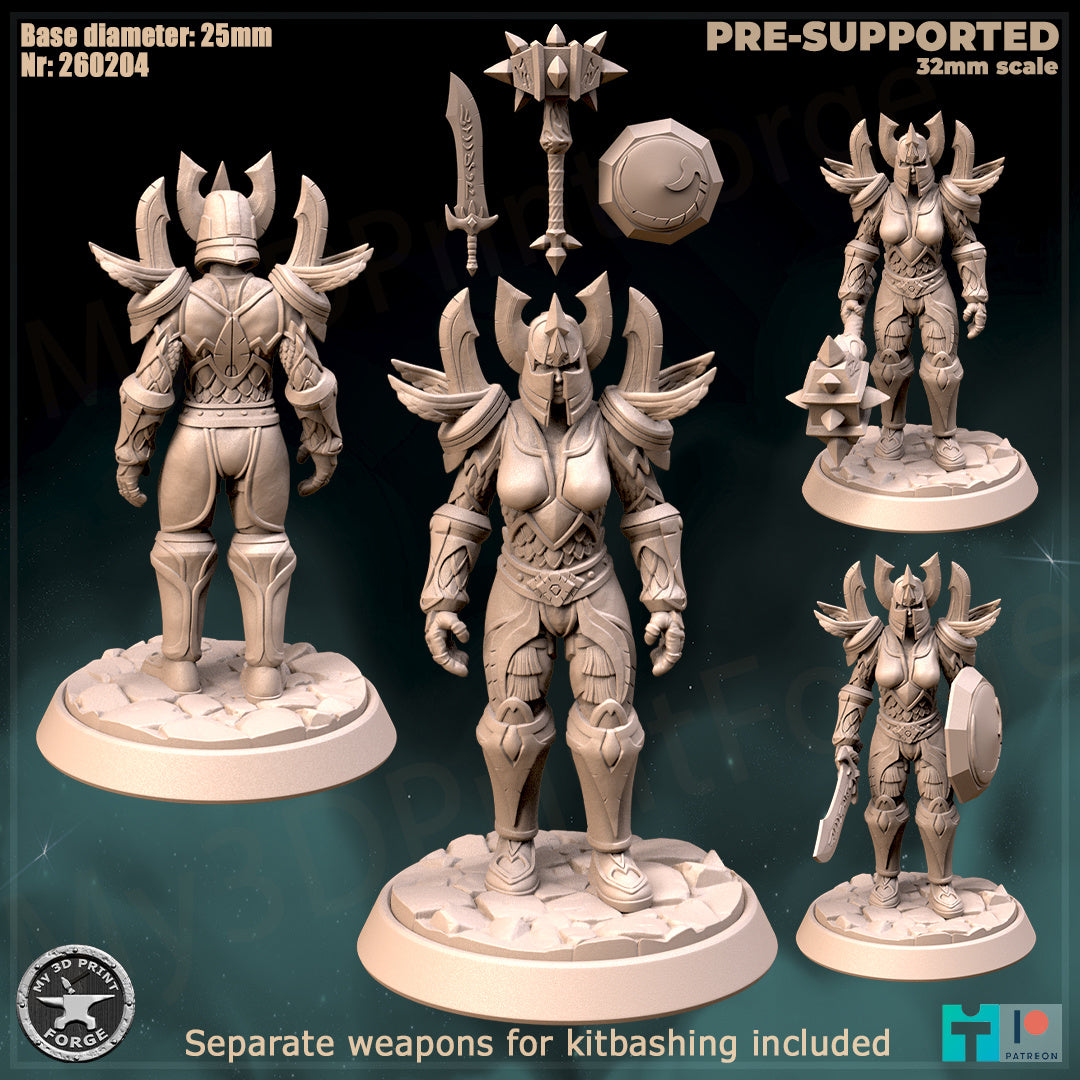 Female Paladin, Classic Armor, 3 Poses - 32mm Scale - Unpainted Miniature
