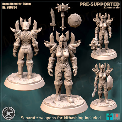 Female Paladin, Classic Armor, 3 Poses - 32mm Scale - Unpainted Miniature