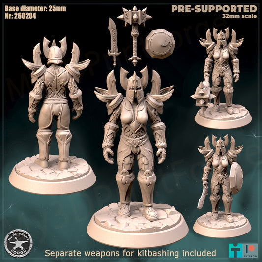 Female Paladin, Classic Armor, 3 Poses - 32mm Scale - Unpainted Miniature