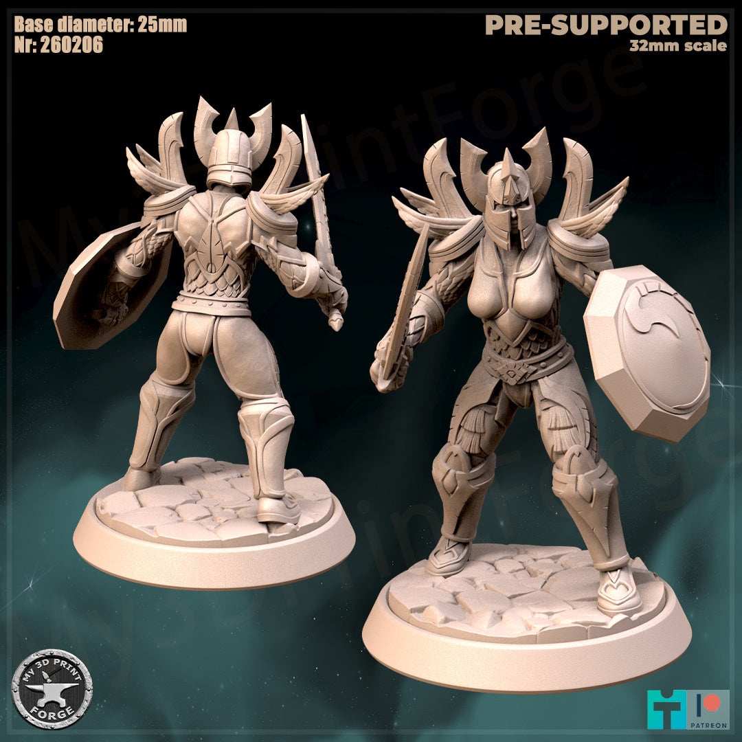 Female Paladin, Classic Armor, 3 Poses - 32mm Scale - Unpainted Miniature