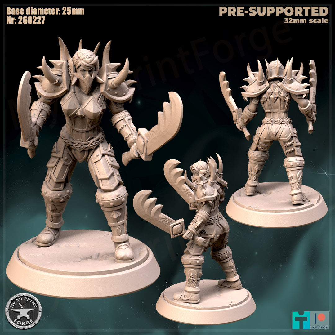 Female Warrior, Classic Armor, 3 Poses - 32mm Scale - Unpainted Miniature