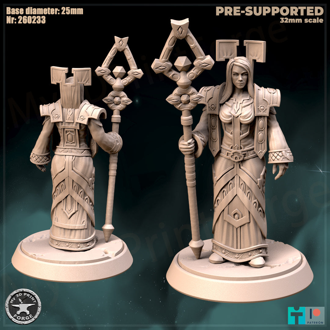 Female Priest, Classic Armor, 3 Poses - 32mm Scale - Unpainted Miniature