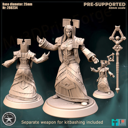 Female Priest, Classic Armor, 3 Poses - 32mm Scale - Unpainted Miniature