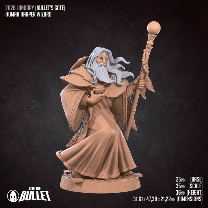 Human Harper Wizard | 32mm, 35mm Scale | Unpainted Miniature