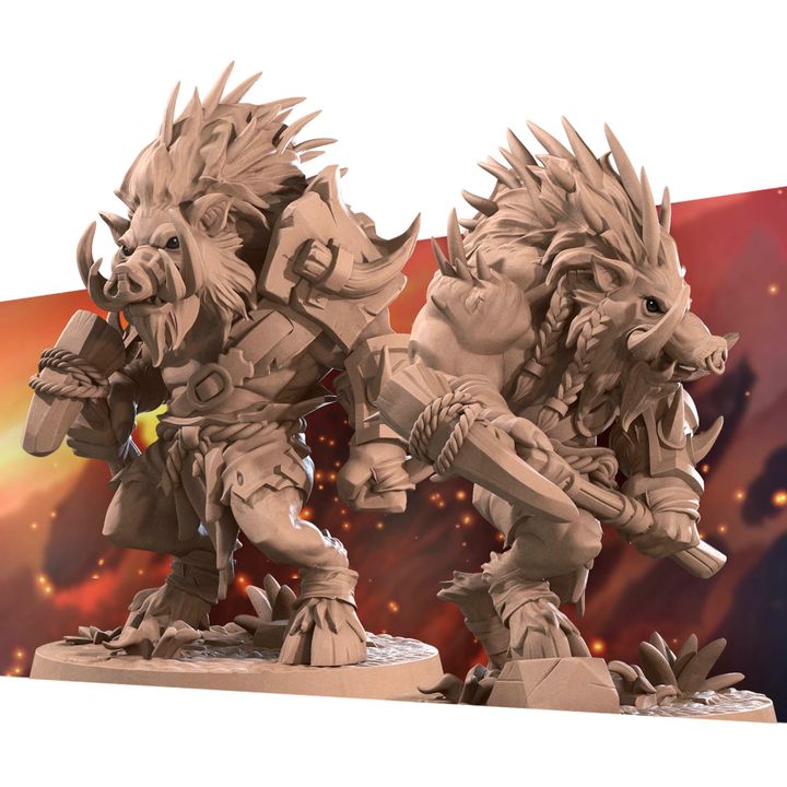 Spined Boarfolk - Barren Set - 32mm, 35mm Scale - Unpainted Miniature