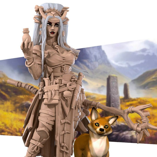 Human Witch with Fox, Pinup | 32mm, 35mm Scale | Unpainted Miniature