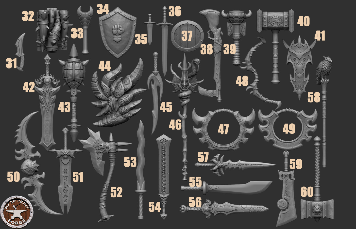 Weapon Pack, 60 Piece Set - 32mm Scale - Unpainted Miniature