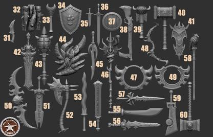 Weapon Pack, 60 Piece Set - 32mm Scale - Unpainted Miniature