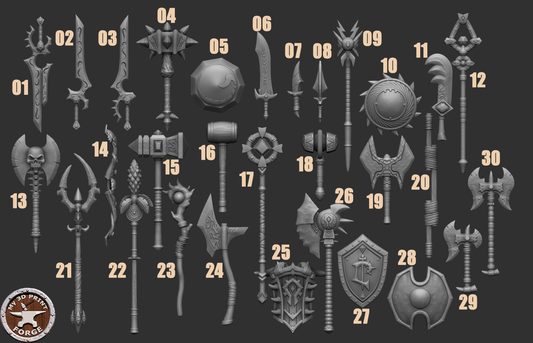 Weapon Pack, 60 Piece Set - 32mm Scale - Unpainted Miniature
