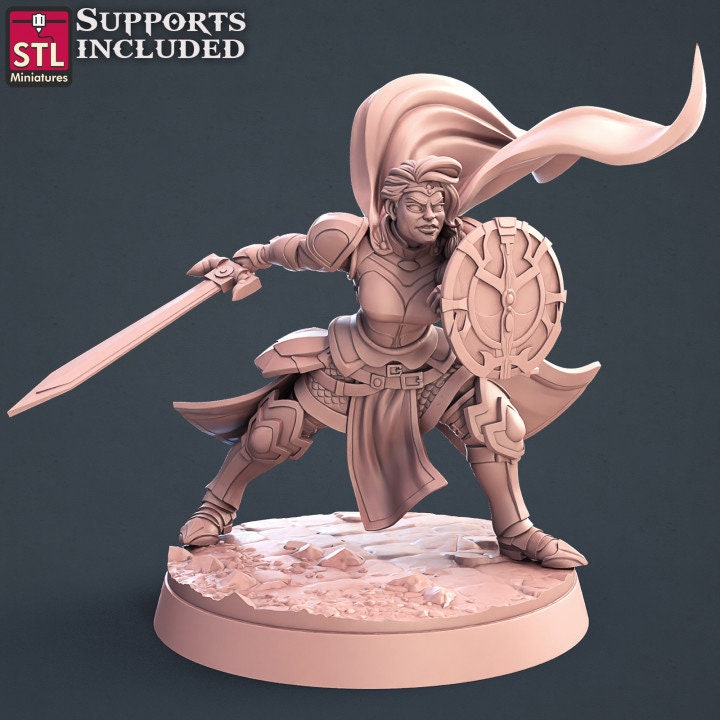 Female Human Paladin with Sword and Shield - Unpainted Miniature