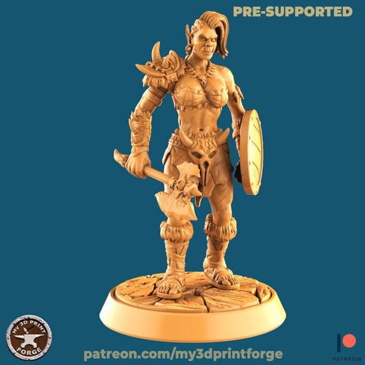 Female Orc Fighter with Axe and Shield - 32mm Scale - Unpainted Miniature for DnD, Pathfinder, Tabletop RPGs - My3dPrintForge