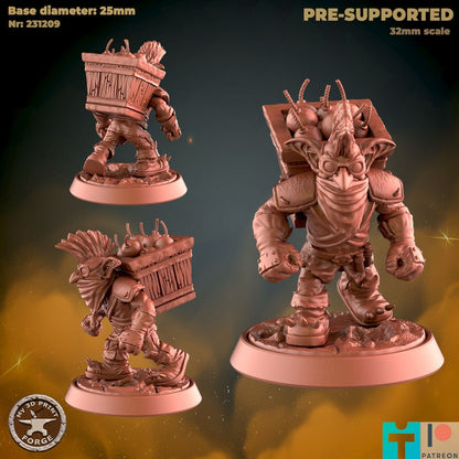 Goblin Sapper with Crate - 32mm Scale - Unpainted Miniature for DnD, Pathfinder, Tabletop RPGs - My3dPrintForge