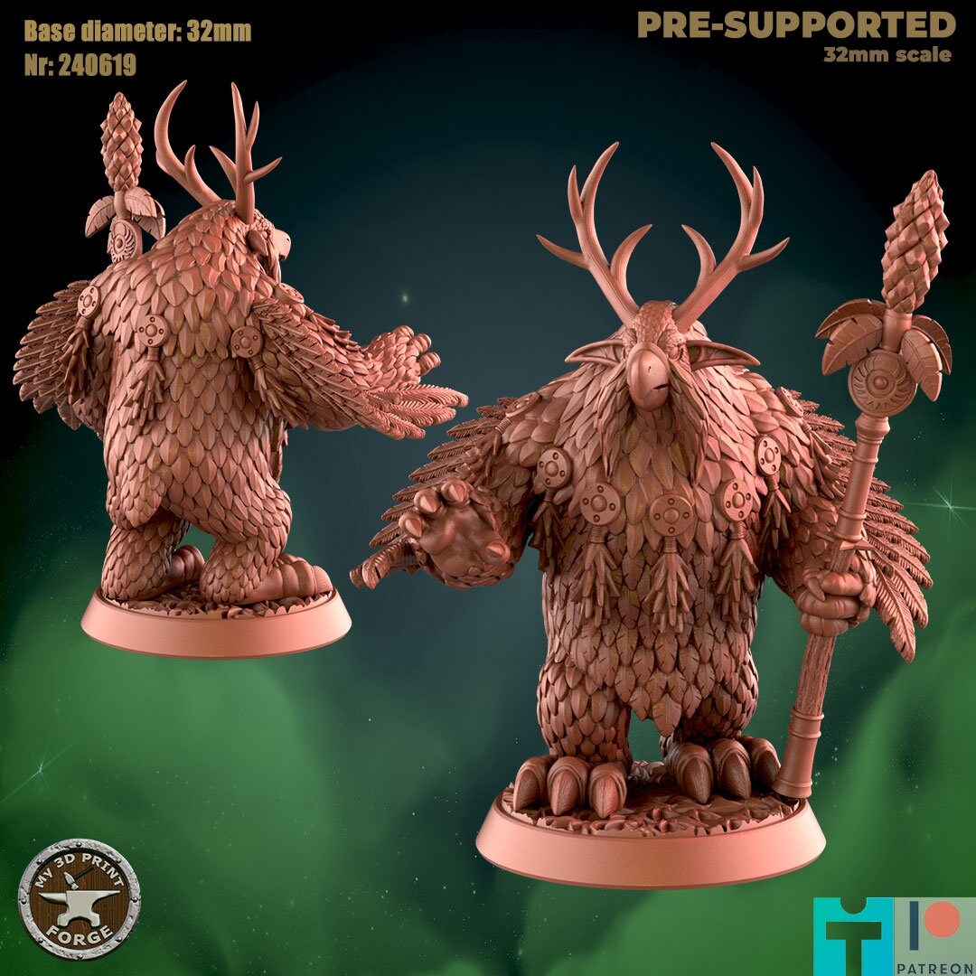 Lunar Owlbear with Antlers - 3 Poses - Beast Shape - Druid Set - Unpainted Miniature