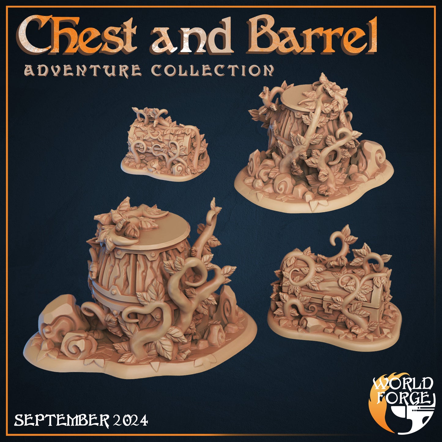 Vine Covered Barrel and Chest - Adventure Collection - Unpainted Miniature