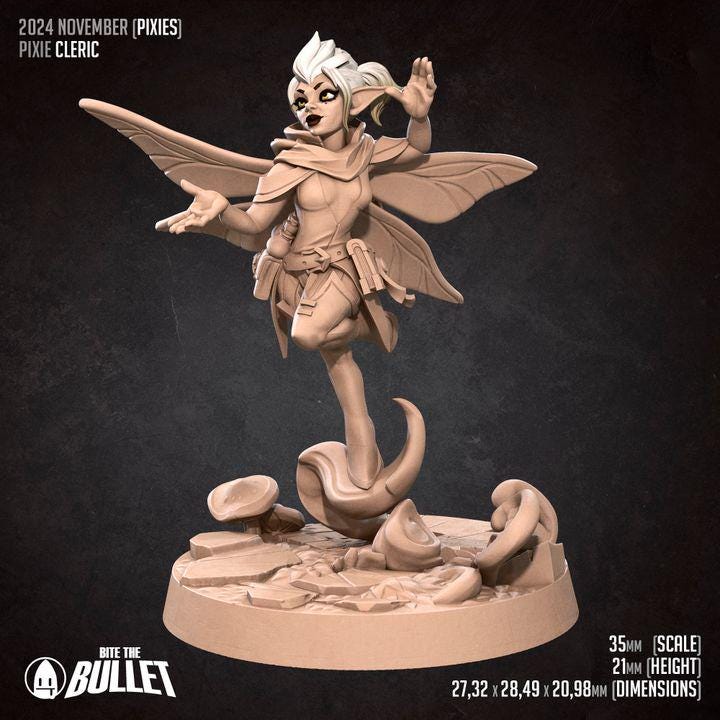 Pixie Cleric, Female Pixie - 32mm, 35mm Scale - Unpainted Miniature for DnD, Pathfinder, Tabletop RPGs - Bite the Bullet