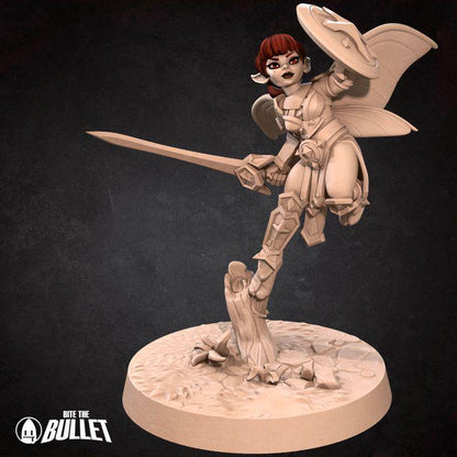 Pixie Paladin, Female Pixie - 32mm, 35mm Scale - Unpainted Miniature for DnD, Pathfinder, Tabletop RPGs - Bite the Bullet