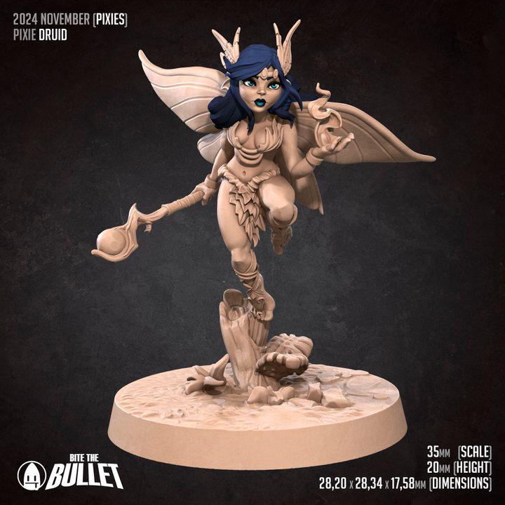 Pixie Druid, Female Pixie - 32mm, 35mm Scale - Unpainted Miniature for DnD, Pathfinder, Tabletop RPGs - Bite the Bullet