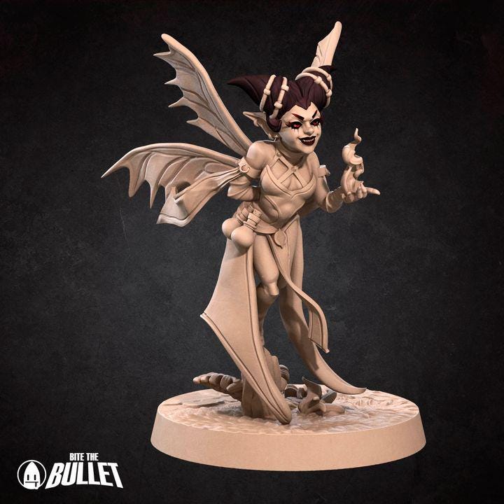 Pixie Warlock, Female Pixie - 32mm, 35mm Scale - Unpainted Miniature for DnD, Pathfinder, Tabletop RPGs - Bite the Bullet