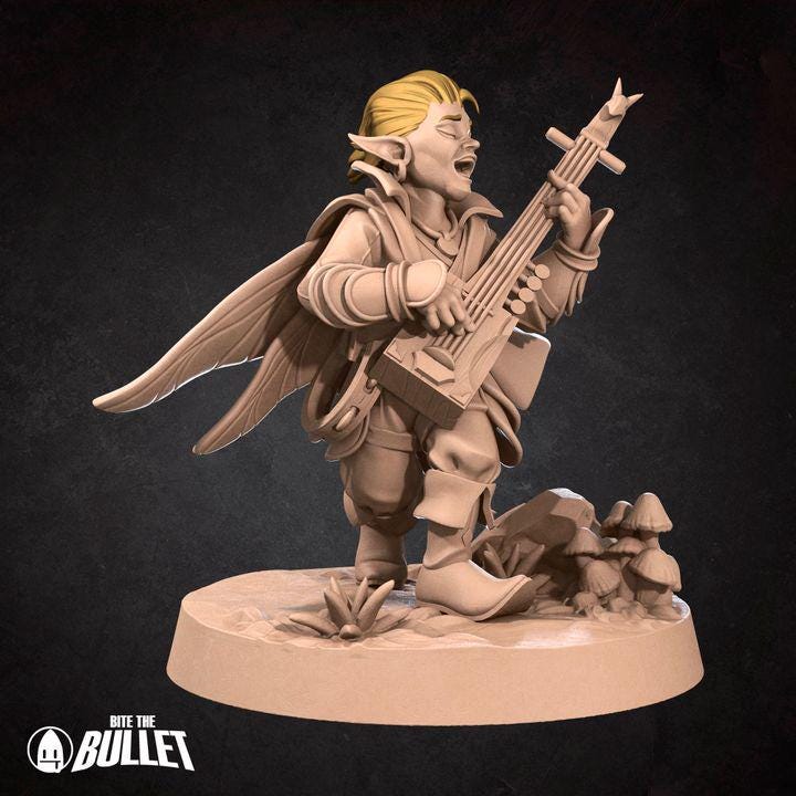 Pixie Bard, Male Pixie - 32mm, 35mm Scale - Unpainted Miniature for DnD, Pathfinder, Tabletop RPGs - Bite the Bullet