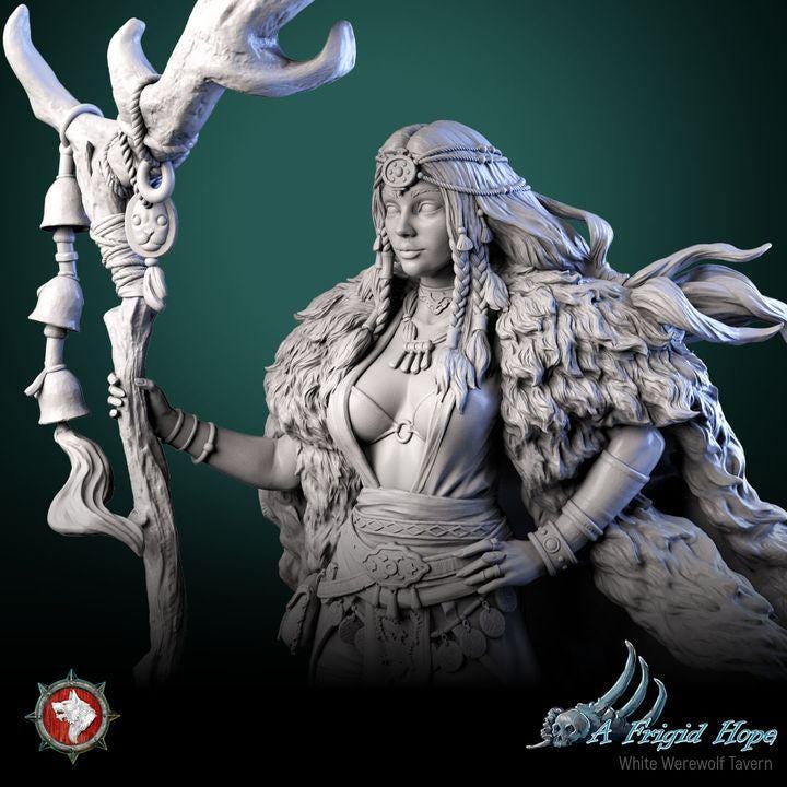 Frost Witch, Kaelia of the Frozen Veil - 32mm, 75mm Scale - Unpainted Miniature for DnD, Pathfinder, Tabletop RPGs - White Werewolf Tavern