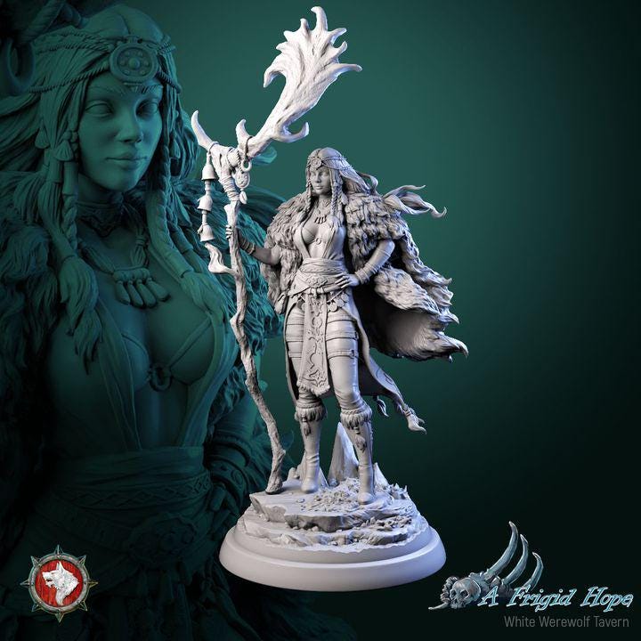 Frost Witch, Kaelia of the Frozen Veil - 32mm, 75mm Scale - Unpainted Miniature for DnD, Pathfinder, Tabletop RPGs - White Werewolf Tavern