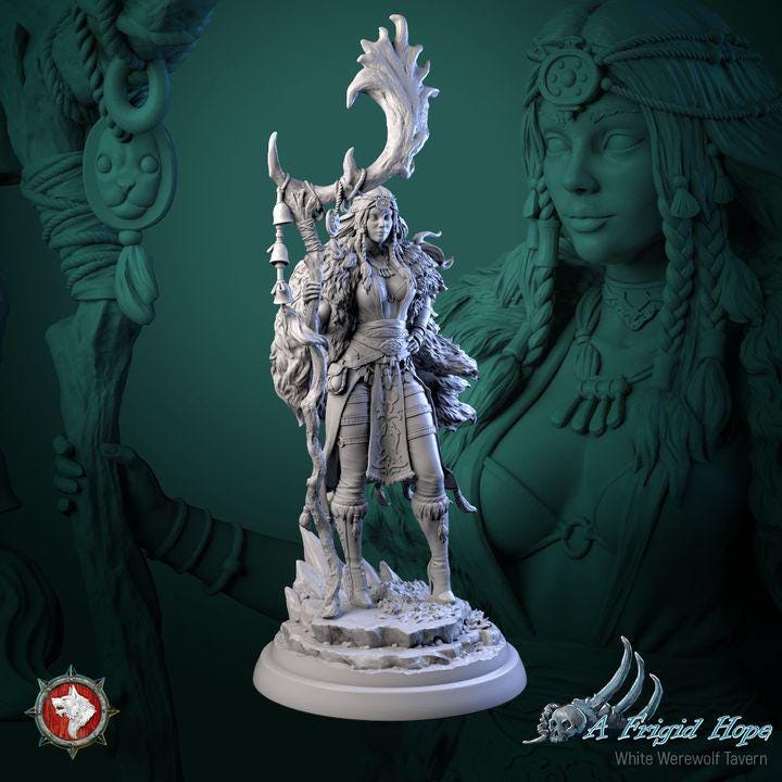 Frost Witch, Kaelia of the Frozen Veil - 32mm, 75mm Scale - Unpainted Miniature for DnD, Pathfinder, Tabletop RPGs - White Werewolf Tavern