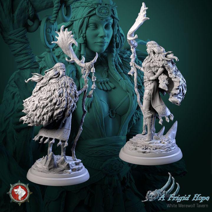 Frost Witch, Kaelia of the Frozen Veil - 32mm, 75mm Scale - Unpainted Miniature for DnD, Pathfinder, Tabletop RPGs - White Werewolf Tavern