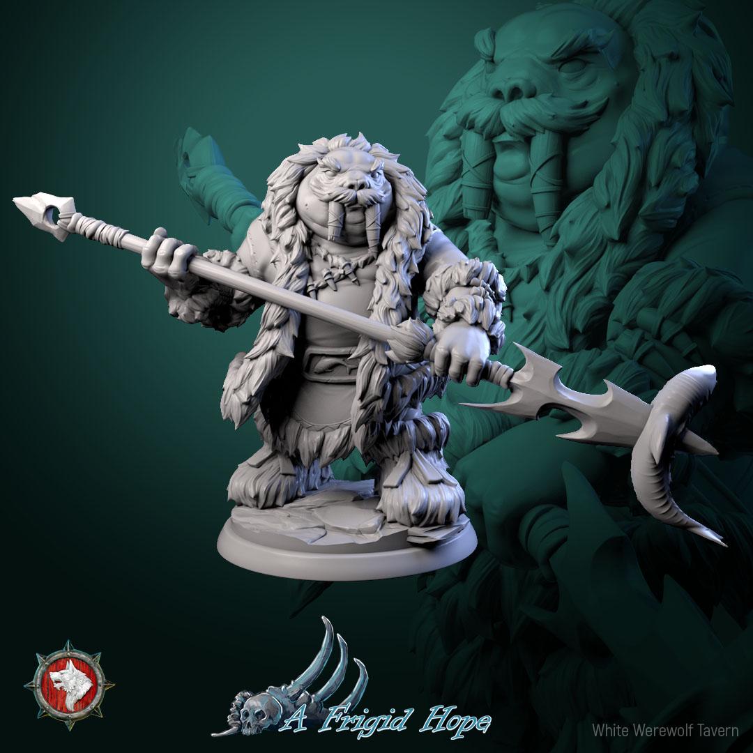 Tuskclaw Hunters, Walrusfolk - 32mm Scale - Unpainted Miniature for DnD, Pathfinder, Tabletop RPGs - White Werewolf Tavern