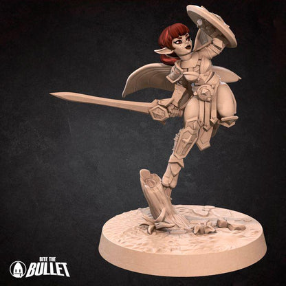 Pixie Paladin, Female Pixie - 32mm, 35mm Scale - Unpainted Miniature for DnD, Pathfinder, Tabletop RPGs - Bite the Bullet