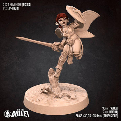 Pixie Paladin, Female Pixie - 32mm, 35mm Scale - Unpainted Miniature for DnD, Pathfinder, Tabletop RPGs - Bite the Bullet