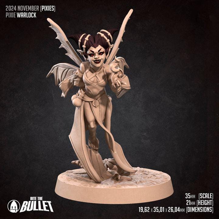 Pixie Warlock, Female Pixie - 32mm, 35mm Scale - Unpainted Miniature for DnD, Pathfinder, Tabletop RPGs - Bite the Bullet