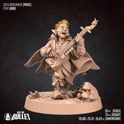 Pixie Bard, Male Pixie - 32mm, 35mm Scale - Unpainted Miniature for DnD, Pathfinder, Tabletop RPGs - Bite the Bullet