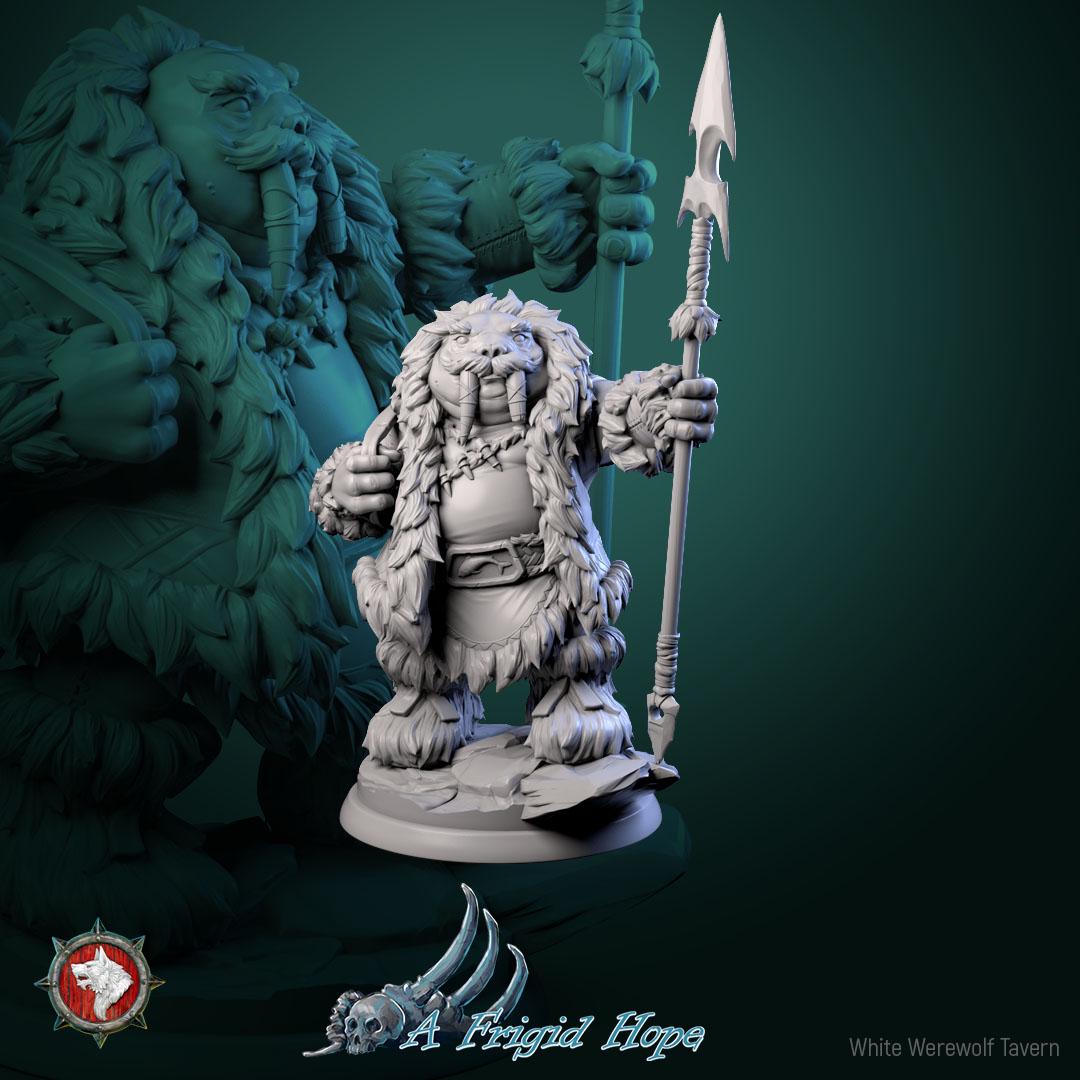 Tuskclaw Hunters, Walrusfolk - 32mm Scale - Unpainted Miniature for DnD, Pathfinder, Tabletop RPGs - White Werewolf Tavern