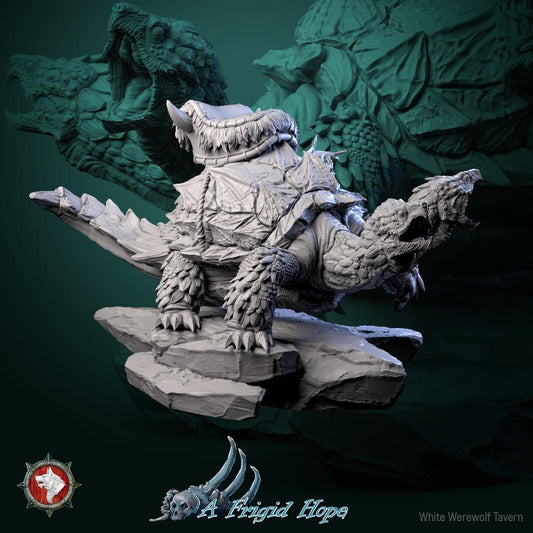 Two Headed Turtle Mount - 32mm Scale - Unpainted Miniature for DnD, Pathfinder, Tabletop RPGs - White Werewolf Tavern