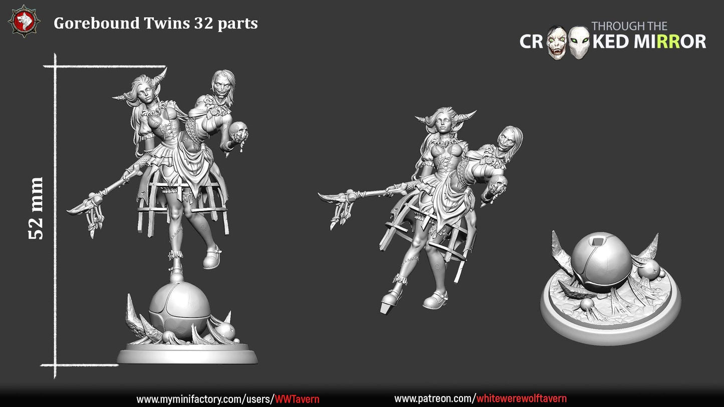 The Gorebound Twins - Crooked Mirror Set - 32mm, 75mm Scale - Unpainted Miniature for DnD, Pathfinder, Tabletop RPGs - White Werewolf Tavern