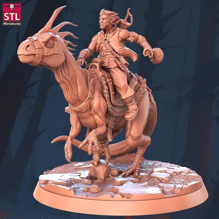 Dinosaur Riders, Mounted Raiders - 32mm Scale - Unpainted Miniature for DnD, Pathfinder, Tabletop RPGs - STL Miniatures