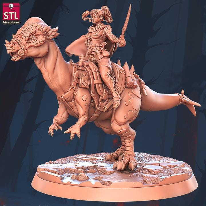 Dinosaur Riders, Mounted Raiders - 32mm Scale - Unpainted Miniature for DnD, Pathfinder, Tabletop RPGs - STL Miniatures
