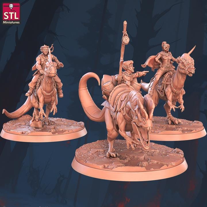 Dinosaur Riders, Mounted Raiders - 32mm Scale - Unpainted Miniature for DnD, Pathfinder, Tabletop RPGs - STL Miniatures
