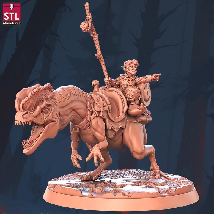 Dinosaur Riders, Mounted Raiders - 32mm Scale - Unpainted Miniature for DnD, Pathfinder, Tabletop RPGs - STL Miniatures