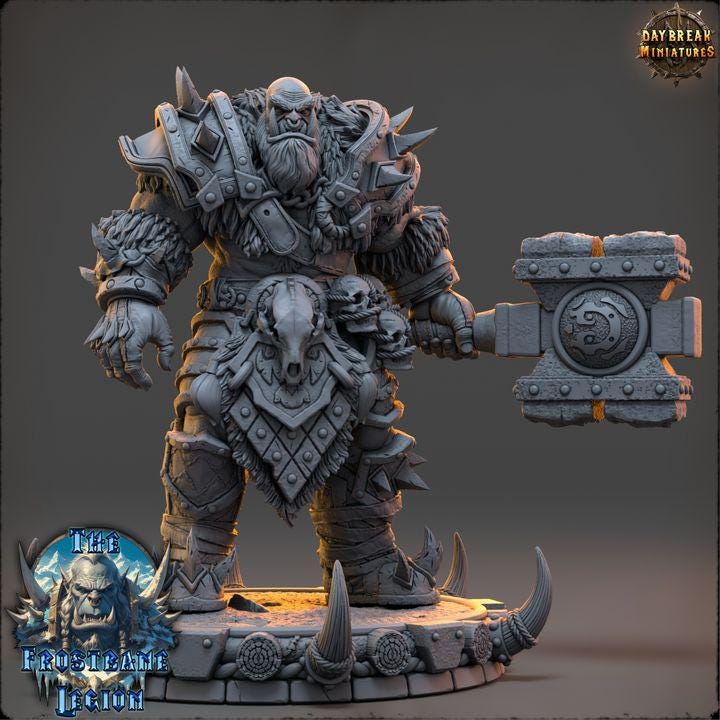 Orc Barbarian, Vorgath Icefang, Frostbane Legion Frost Orcs - 32mm Scale - Unpainted Miniature for DnD, Pathfinder, Tabletop RPGs