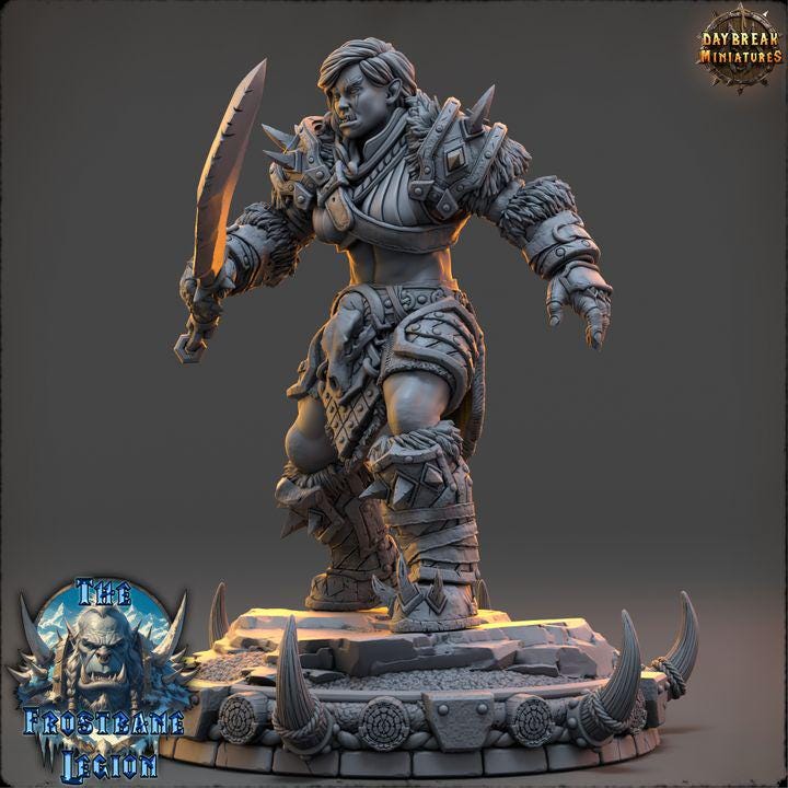 Female Orc Fighter, Syrka Blizzardborn, Frostbane Legion Frost Orcs - 32mm Scale - Unpainted Miniature for DnD, Pathfinder, Tabletop RPGs