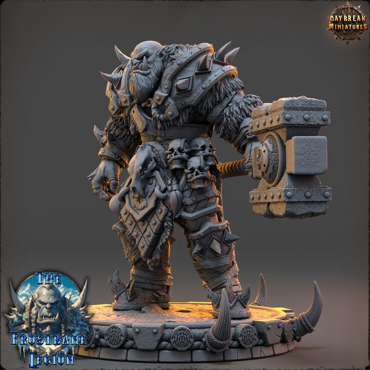 Orc Barbarian, Vorgath Icefang, Frostbane Legion Frost Orcs - 32mm Scale - Unpainted Miniature for DnD, Pathfinder, Tabletop RPGs