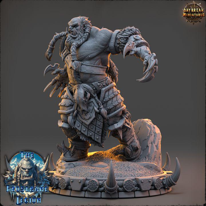 Orc Barbarian, Skalgrim the Unyielding, Frostbane Legion Frost Orcs - 32mm Scale - Unpainted Miniature for DnD, Pathfinder, Tabletop RPGs